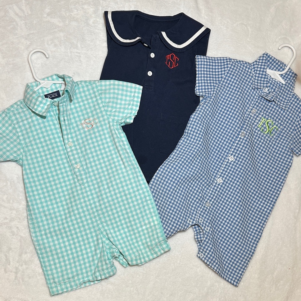 Lot of 3 baby boys rompers monogrammed TSC 12/18mo
